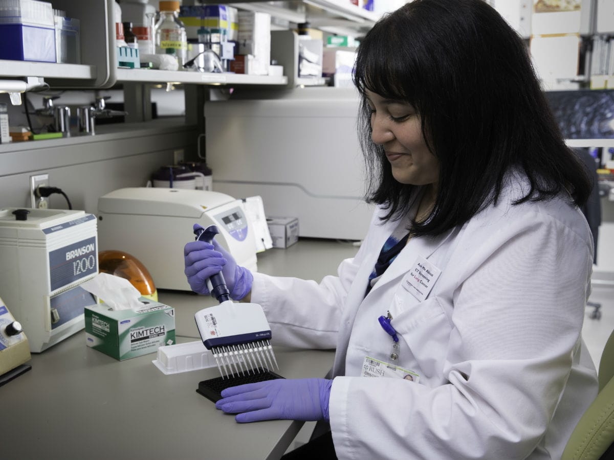 A researcher using the Rush Biomarker Development Core.